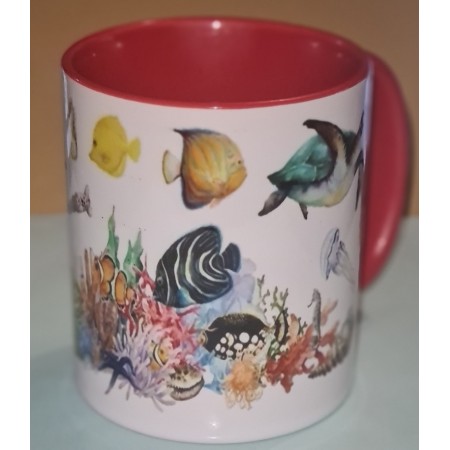 Zweifarbige Keramiktasse " Mit Aquaristik Druck Meerwasserfische "